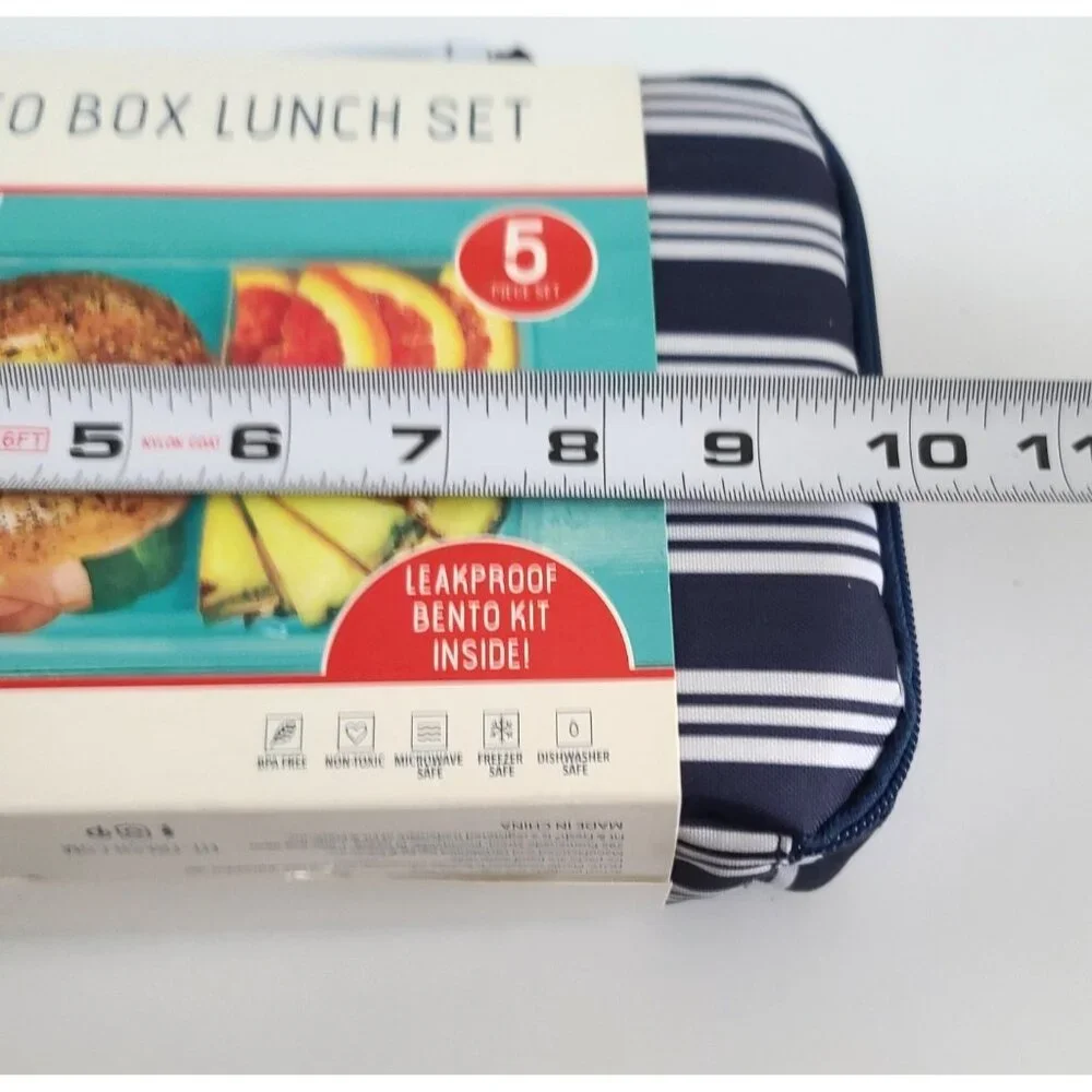 Fit & Fresh Bento Lunch Set 5 Pc Striped w 2 Ice Pack Insulated Zip Bag Navy NEW